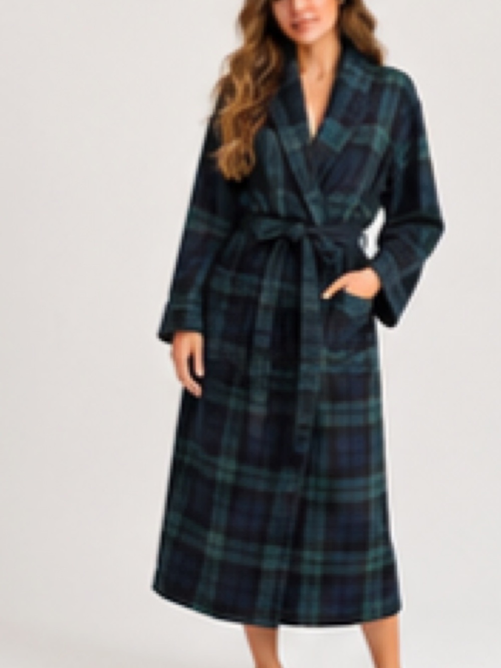 Merona Navy and Dark Green Plaid Long Robe with Tie Waist